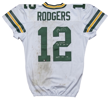 2015 Aaron Rodgers Game Used and Signed Green Bay Packers Away Jersey From 12/20/15 Against The Raiders (Rodgers LOA)-Photo Matched-